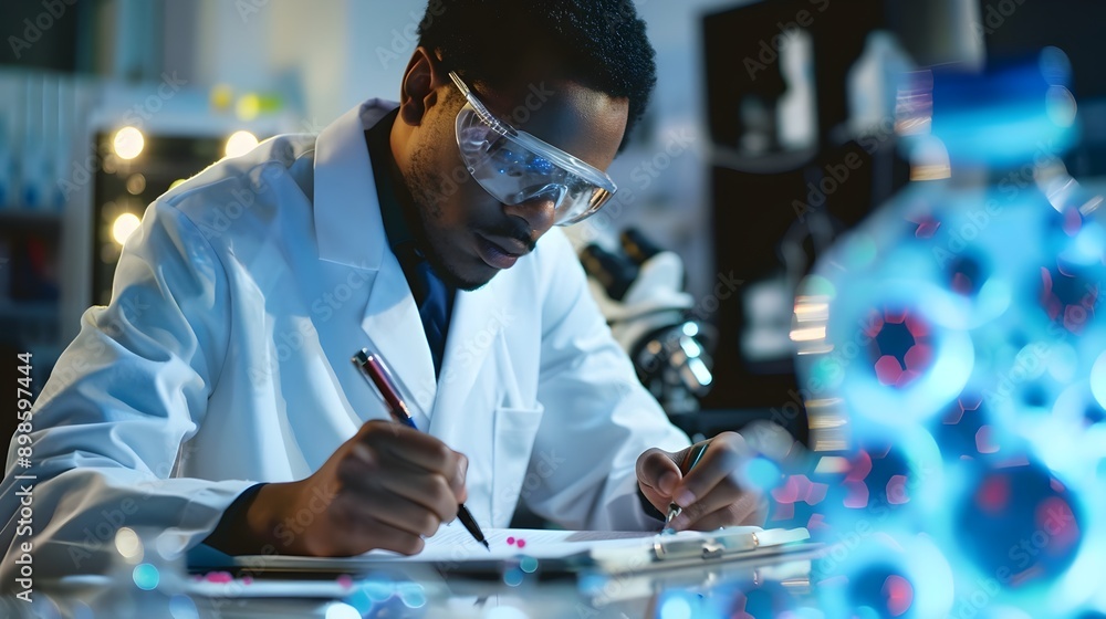 Poster Scientist Observing and Recording Stem Cell Experiments in Laboratory