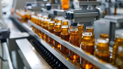 Bottles of liquid medicine move along a production line in a pharmaceutical factory.
