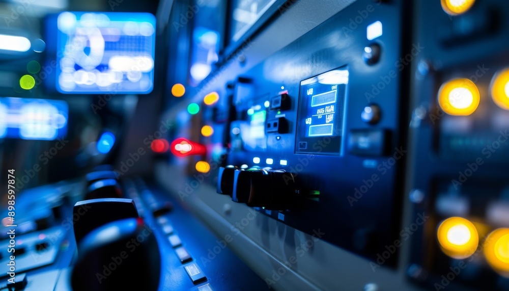 Poster close up of a control panel with buttons and dials, in a dimly lit room. the panel is illuminated by