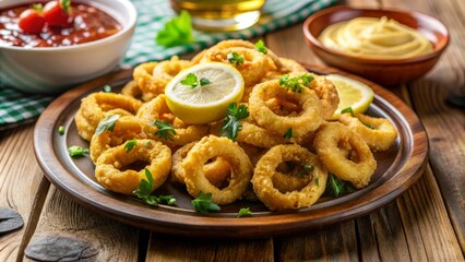 Fototapeta premium Anillos de calamares fritos servidos con salsa y rodajas de limón en un plato de madera.