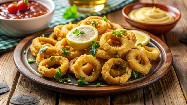Anillos de calamares fritos servidos con salsa y rodajas de lim&oacute;n en un plato de madera.