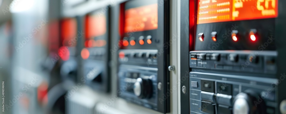 Poster close up of multiple audio control panels with red lights.