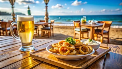Calamares fritos servidos con cerveza en un restaurante al aire libre en la playa.