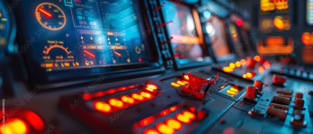 Poster Close-up of a control panel with illuminated buttons and digital displays.