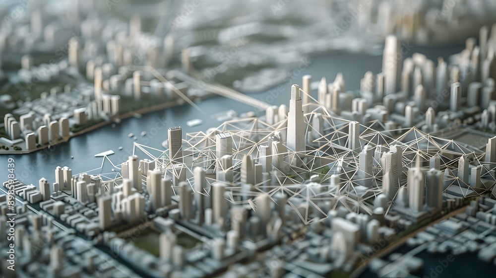 Poster smart city infrastructure connectivity model with geometric mesh lines
