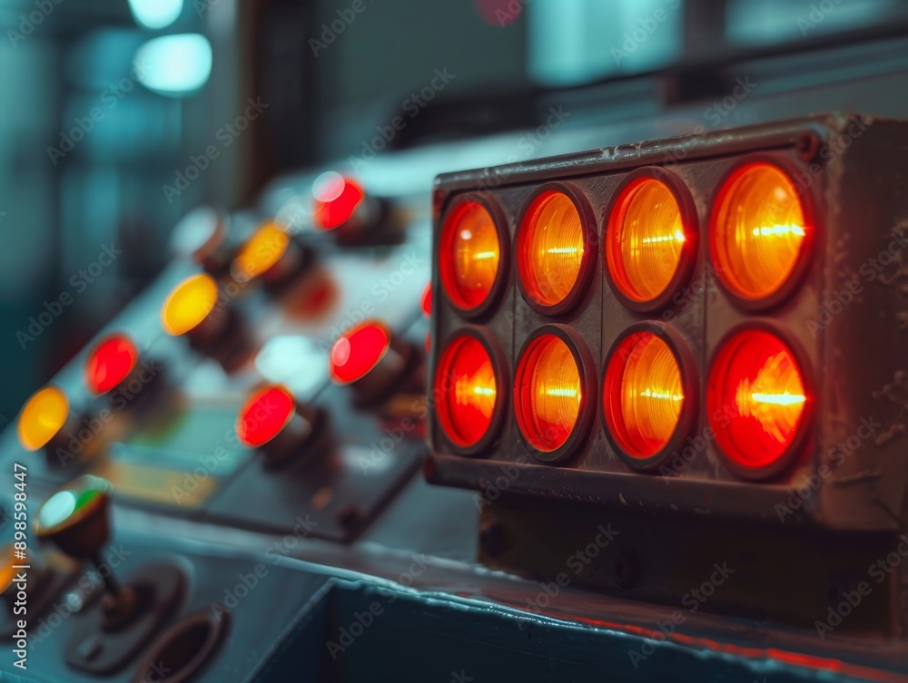 Poster close-up of a control panel with red and yellow buttons and a bank of glowing lights.
