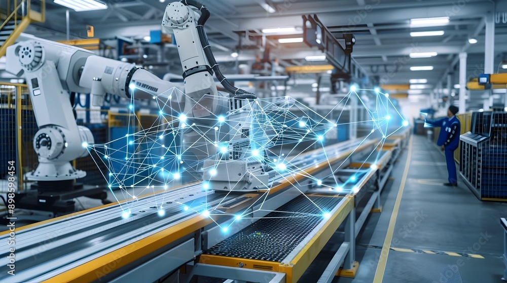 Poster automated smart factory with mesh lines visualizing machine connectivity and communication