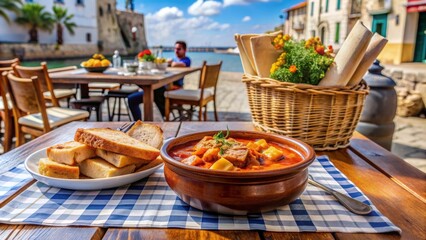 Obraz premium Sopa de pescado con mariscos servida en una mesa al aire libre con pan y vista al mar.