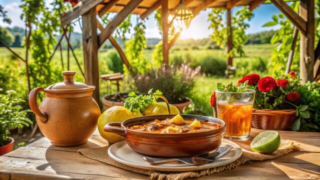 Bacalao en salsa de tomate servido en una cazuela de barro en un ambiente al aire libre con limonada y flores.