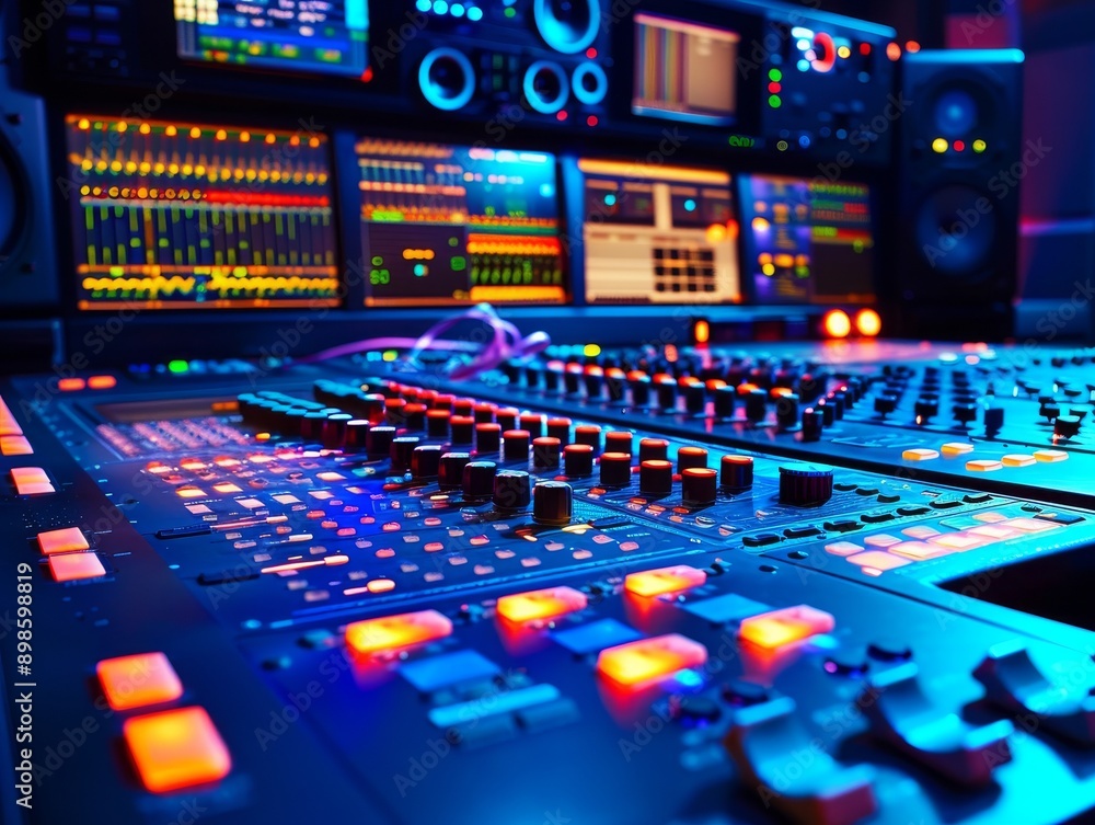 Aufkleber close-up of a professional audio mixing console in a recording studio. the console is illuminated wi