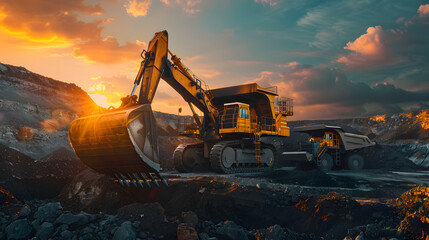 Mining excavator and truck working at sunrise in an open-pit mine