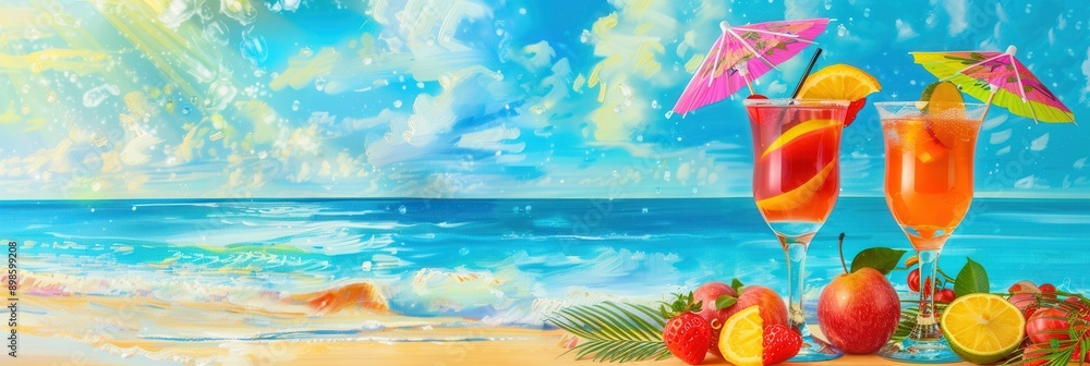Poster two refreshing cocktails, garnished with fruit and topped with umbrellas, are displayed on a sandy b