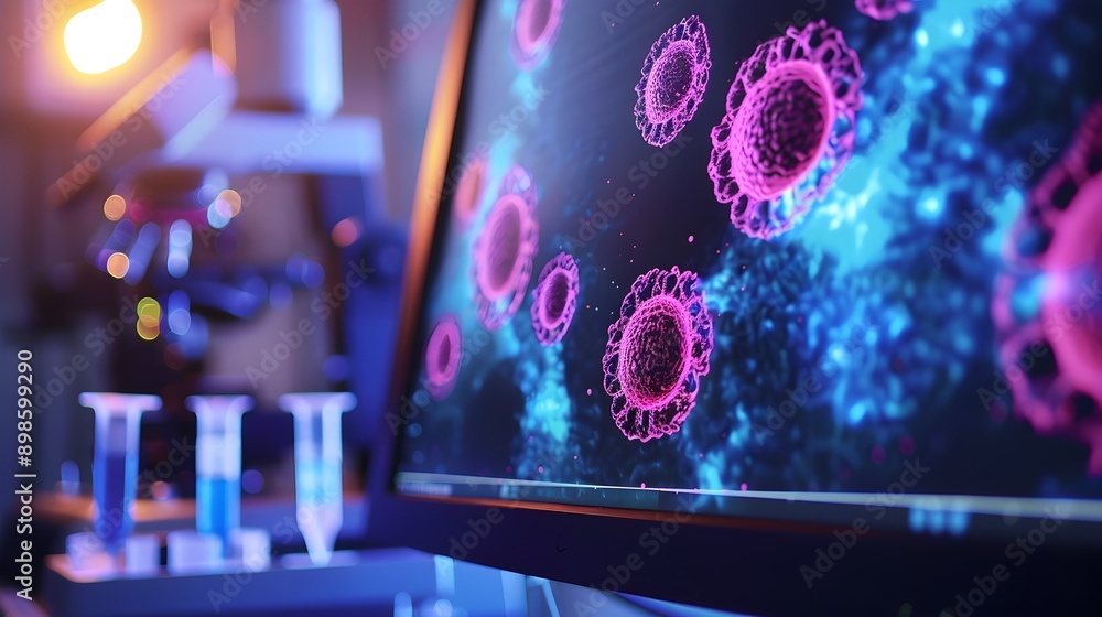 Aufkleber stem cell research displayed on computer screen in scientific laboratory