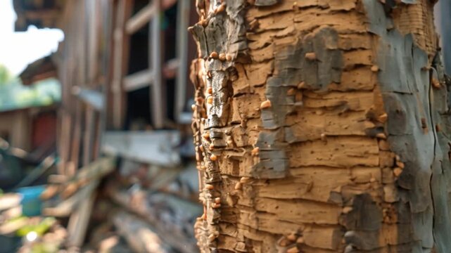 Termites have eaten the wood of the wooden house in the background, making it vulnerable to termites, 8k resolution