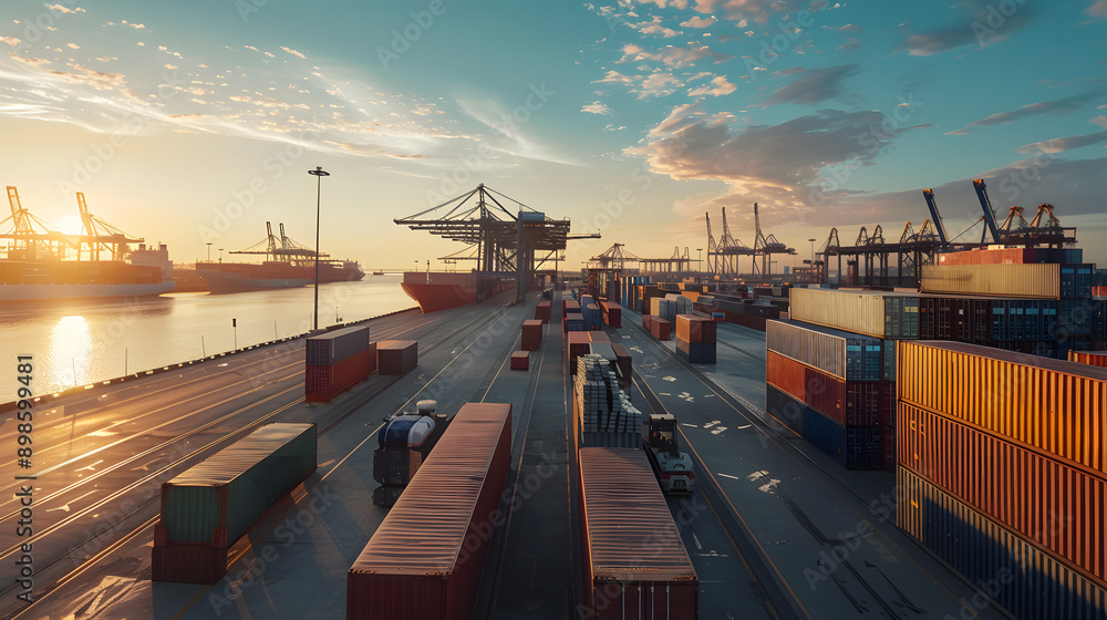 Poster sunset at a busy port with stacked shipping containers and cranes.