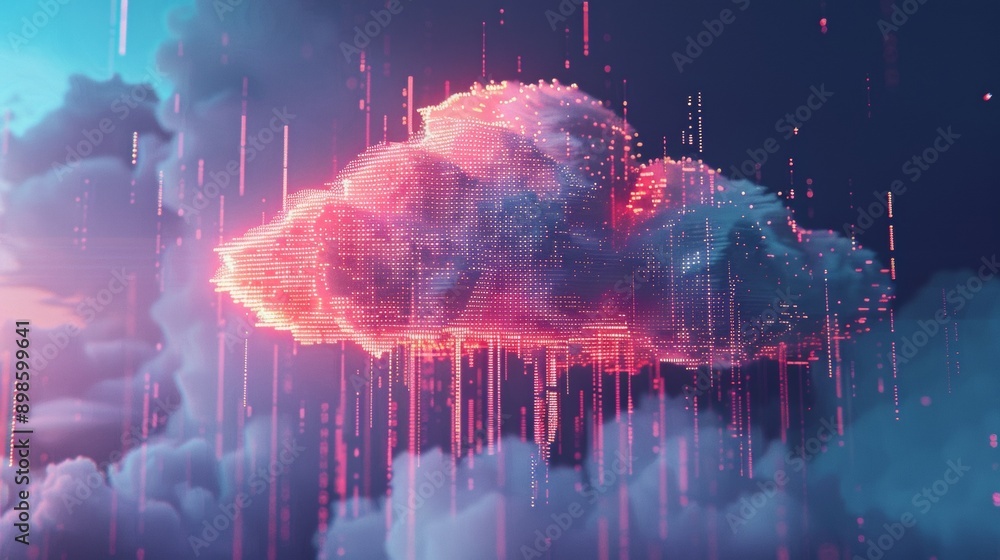 Poster a pixelated cloud dissolving into a rain of data, representing the ephemeral nature of cloud storage