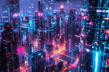 Obraz premium A panoramic cityscape at night, glowing with neon lights and holographic data streams, protected by a translucent digital shield, glitch art