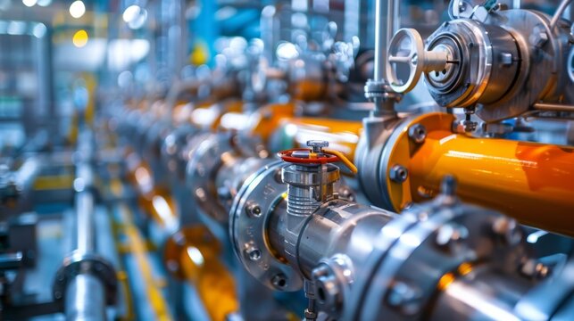 Close-up of industrial pipes and valves in a factory setting.  The pipes are silver and orange, and the valves are silver. The background is blurred and out of focus.