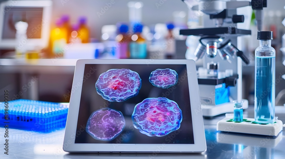 Poster Stem Cells Highlighted on a Digital Tablet in a Science Laboratory Setting