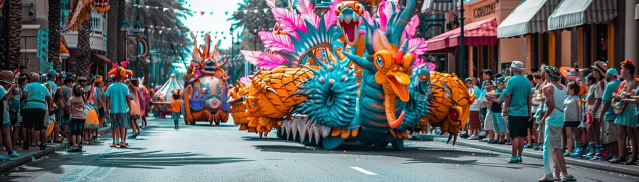 Colorful parade floats on a monochrome street, celebration captured