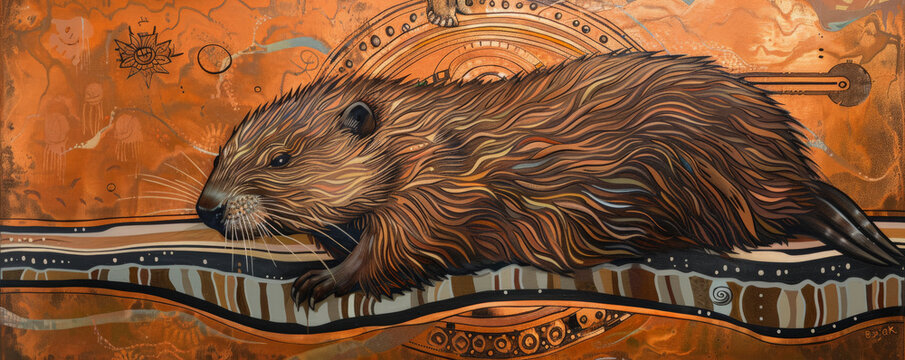 A delightful painting of a beaver on a vibrant copper background, capturing the beaver's industrious nature and detailed fur.
