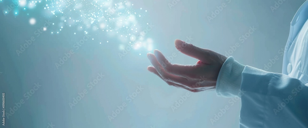 Fototapete close up of a doctor touching a virtual hologram in the style of medical technology concept on a lig