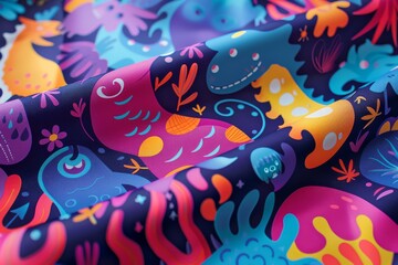 Colorful abstract pattern on fabric with various shapes and colors.