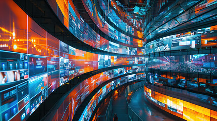 TV digital display. Wall with multiple screen. 