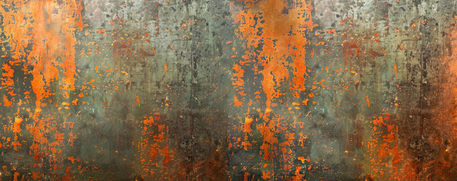 An old, weathered metal background featuring colors of oxidized copper, rusty orange, and tarnished silver. The textured surface reveals the passage of time and the effects of natural elements.