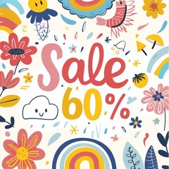 Colorful doodle sale banner with 60% off, perfect for advertising promotions and discounts. vector