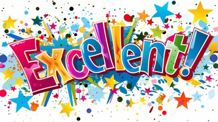 Colorful "Excellent!" text with stars and confetti on a white background. Perfect for celebratory or achievement-related designs.