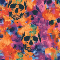 Spooky Tie Dye Colourful Seamless Pattern in Halloween Colors Featuring Skulls and Eerie Motifs for Festive Textile and Background Design