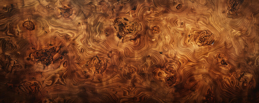 A high-end oak burl wood backdrop with unique grain textures and warm, brown hues, ideal for elegant presentations.