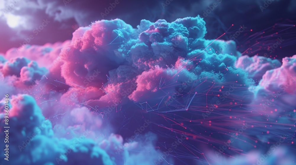 Poster fluffy, stylized clouds morphing into servers and network diagrams, a playful take on cloud computin