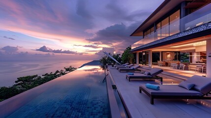 Fototapeta premium Luxurious villa with private infinity pool and chaise lounges at summer in dusk