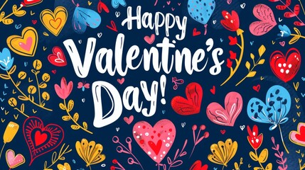 Fototapeta premium Colorful hearts and floral designs celebrate Valentine's Day on a blue background.