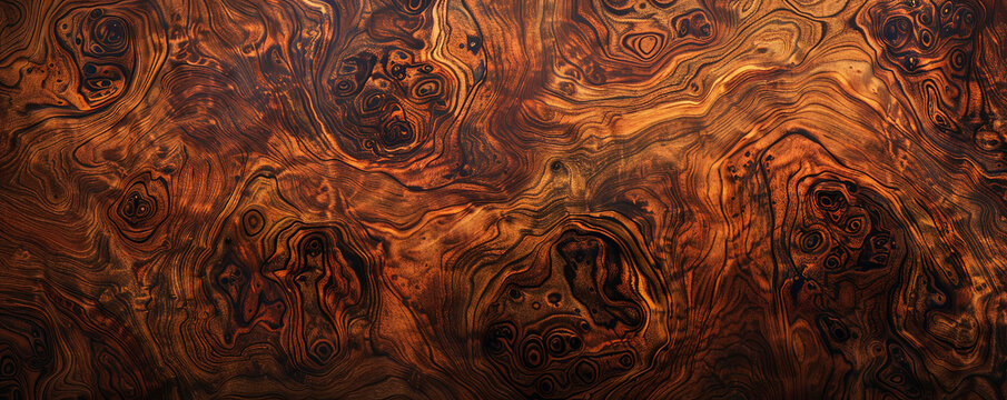 A luxurious walnut burl wood backdrop with swirling grain patterns and rich, dark tones, ideal for upscale presentations.