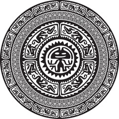 Native American vector round monochrome pattern. Geometric shapes in a circle. National ornament of the peoples of America, Maya, Aztecs, Incas