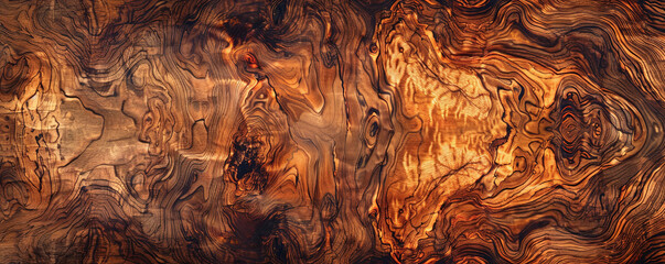 A luxurious walnut burl wood backdrop with swirling grain patterns and rich, dark tones, ideal for upscale presentations.