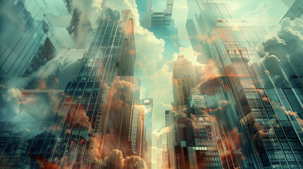 Cityscape photos, surreal elements, layered design, abstract figures