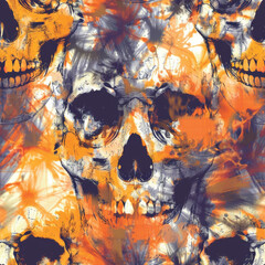 Spooky Tie Dye Seamless Pattern in Halloween Colors Featuring Skulls in brick by brick pattern and Eerie Motifs for Festive Textile and Background Design