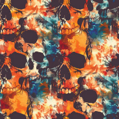 Spooky Tie Dye Seamless Pattern in Halloween orange and blue Colours Featuring Skulls and Eerie Motifs for Festive Textile and Background Design