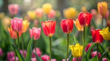 Obraz premium Vibrant Tulip Garden Blooming in Springtime Landscape