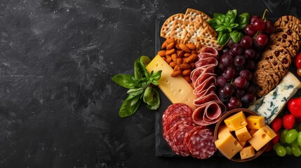 Fototapeta premium A beautifully arranged charcuterie board with fresh fruits, nuts, cheese, and whole grain crackers, with copy space, high-resolution photo, realistic photo, hyper realistic