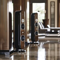 Elegant, sleek speakers in a modern living room setting.  The speakers are black and have a wood grain finish.  They are placed on a marble floor.