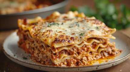 Delicious lasagna bolognese is served on a plate, with melted cheese and herbs on top