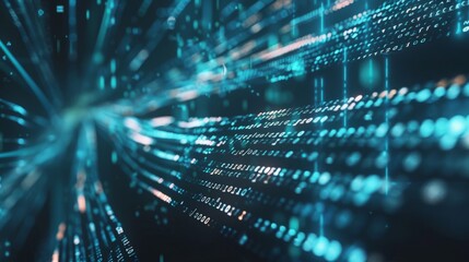 Bytes of binary code run through network. Abstract futuristic technology cyberspace.
