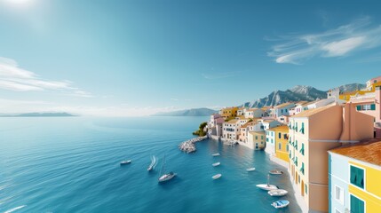 Fototapeta premium A charming seaside village with colorful houses and a bustling harbor, with copy space, high-resolution photo, cinematic image, hyper realistic