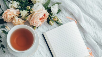 A close-up of a journal with a gratitude list, surrounded by flowers and a cup of tea, with copy space, high-resolution photo, realistic photo, hyper realistic