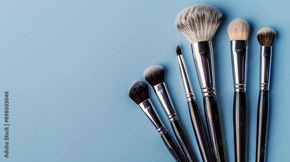 Wall mural Soft natural brushes for makeup application on blue background with copy space